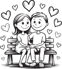 Cuddling Couple: A charming illustration of a loving couple sitting on a bench, surrounded by floating hearts. This romantic scene evokes warmth and affection.