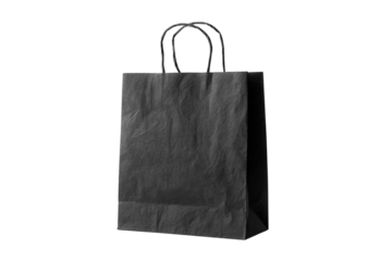 Simple black paper shopping bag with handles isolated on transparent background