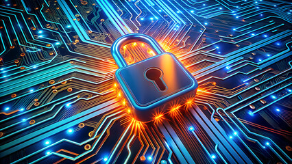 Digital padlock secured on a glowing circuit board representing cybersecurity and data protection in a connected world