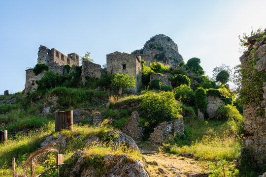Ruins of the medieval village of San Severino da Centola. Near Palinuro, Cilento, Campania, Italy.