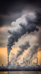 Obraz premium Industrial smokestacks releasing dense emissions over a manufacturing district, representing air pollution climate risk and the urgency of environmental compliance and transition. 