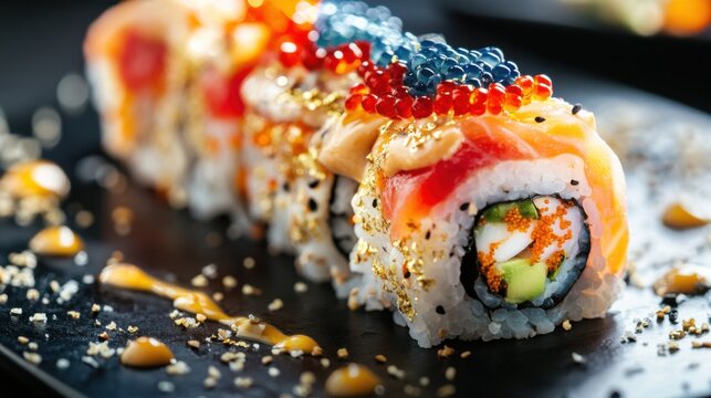 Molecular cuisine luxury sushi roll, luxury ingredients rice wrap blue caviar , gold caviar, gold flakes, shrimp black background menu banner, restaurant concept.