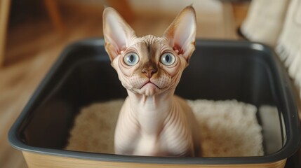 Unique sphynx cat with large blue eyes sitting in a litter box at home