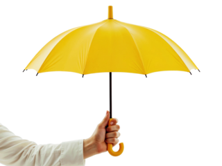 Hand holding yellow umbrella isolated on transparent background