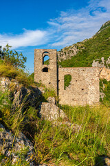 Ruins of the medieval village of San Severino da Centola. Near Palinuro, Cilento, Campania, Italy.