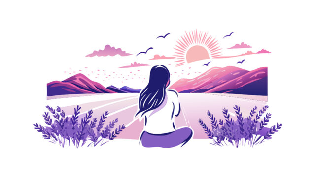 Woman meditating at sunrise landscape vector art illustration peaceful nature scene relaxation and wellness design