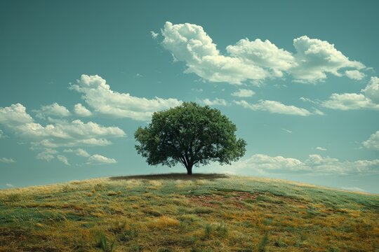 Lone tree stands on a grassy hill under a bright blue sky with fluffy clouds in the afternoon light - Powered by Adobe