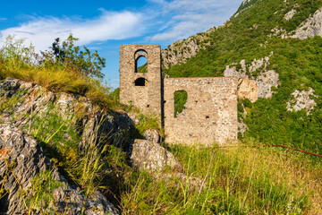 Ruins of the medieval village of San Severino da Centola. Near Palinuro, Cilento, Campania, Italy.