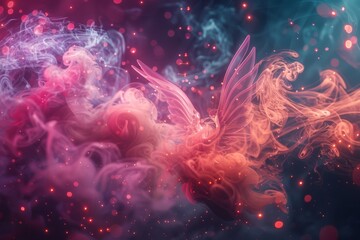 Colorful abstract representation of a mystical creature soaring through a vibrant, smoky landscape in a dreamlike atmosphere