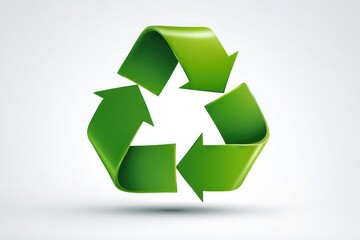 Obraz premium A vibrant 3D rendering of a green recycling symbol against a muted grey background, showcasing a glossy, curved arrow design