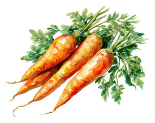 Watercolor illustration of three carrots with leaves