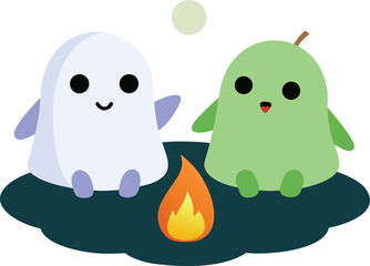 Cute ghosts enjoying a campfire under the moon