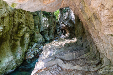 Resurgence of Sammaro River on a sunny summer day. Near Roscigno, in Cilento National Park, Campania, Italy