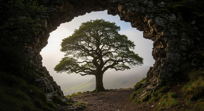A unique landscape composition of a single tree on a misty hill, perfectly framed by a natural rock arch creating a window effect
