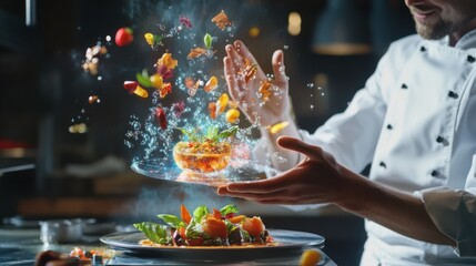 Molecular cuisine , cook chef cooking with holographic dish design high-tech interface floating ingredients suspended mid-air vibrant colors digital gastronomy futuristic cooking.
