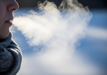 A person exhaling steam in the cold winter air, creating a misty breath