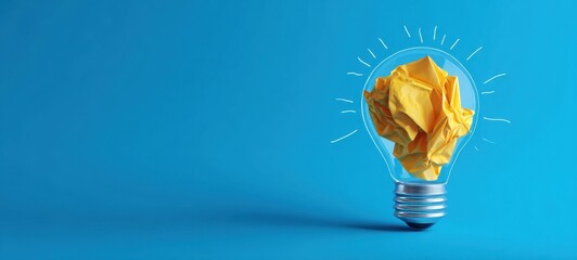 The light bulb filled with crumpled yellow paper symbolizing creative idea on blue background