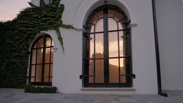 Elegant arched steel windows on a white stucco villa with ivy and sunset reflections over a stone patio