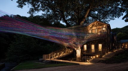 Obraz premium Treehouse at twilight, vibrant lights