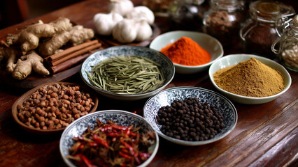 Assortment of fresh and dried spices and herbs like chili, pepper, ginger, and garlic on a rustic wooden background