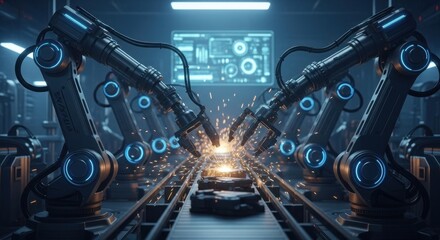 Futuristic Assembly Line: Symmetrical Robotic Arms Welding with Neon Blue Lights