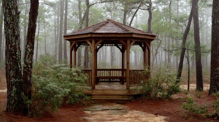 Obraz premium Wooden gazebo in misty forest