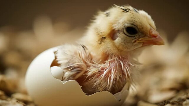 A newly hatched fluffy chick is emerging from a cracked white egg surrounded by wood shavings