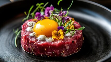 Molecular cuisine Wagyu steak tartare quail egg yolk edible flowers artistic plating luxury raw beef dish gourmet appetizer, black plate