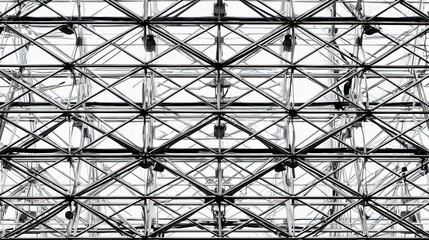 Industrial metal beams forming an abstract geometric composition in a construction setting with cool steel tones.