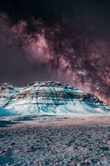 Milky Way core over a snowy mountain in Iceland in spring 