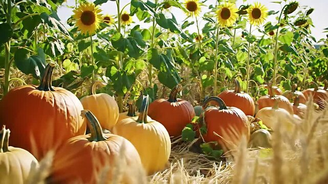 A vibrant field of ripe pumpkins and sunflowers ready for harvest in the autumn season.