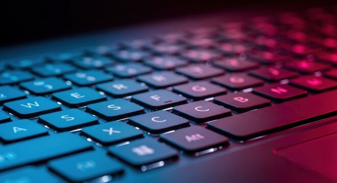 Futuristic Interface: Laptop Keyboard Illuminated by Vibrant Blue and Magenta Light - Powered by Adobe