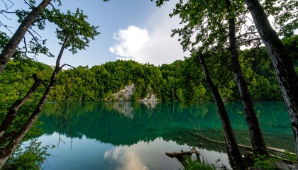 Obraz premium Tranquil lake nestled amongst lush greenery, reflecting a serene sky.