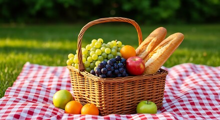 Picnic basket filled with grapes, apples, oranges, and baguettes on a red and white checkered blanket, outdoors on green grass.