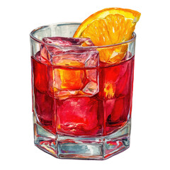 A vibrant red cocktail, garnished with an orange slice, sits in a tumbler glass filled with ice