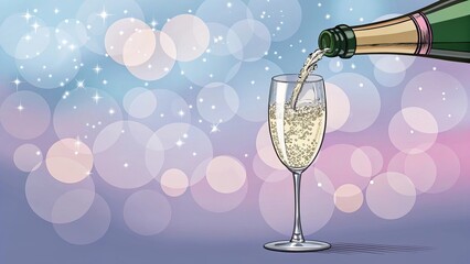 Champagne being poured into a flute with bokeh background