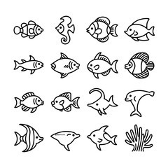 Naklejka premium Fish and Marine Life Line Icons – Ocean Fish, Aquarium, Coral, Sea Animals