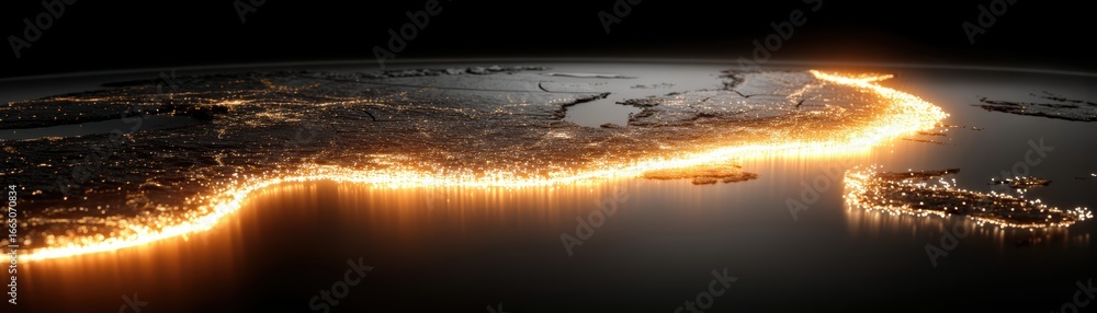 Poster a futuristic ai-generated holographic map displaying a glowing route leading from a specific locatio
