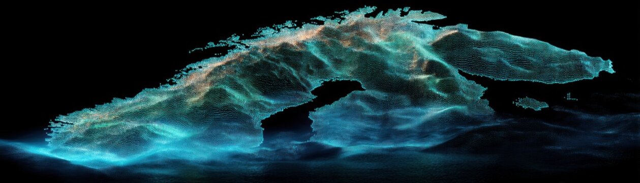 A futuristic holographic map displaying a glowing route, marked from a specific location, ideal for tech and navigation themes, Leif Erikson Day with AI