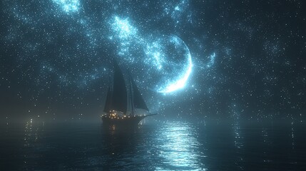 A sailing ship navigates a mystical night sea, illuminated by a celestial moon and stardust