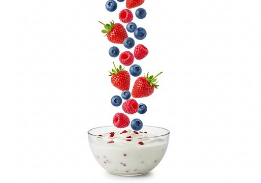 Falling berries into a glass bowl of yogurt isolated on white background