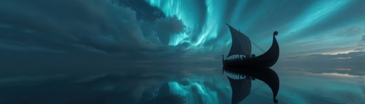 A glowing Viking longship illuminated by a holographic aurora, showcasing a blend of history and futuristic design in a captivating visual, Leif Erikson Day with AI
