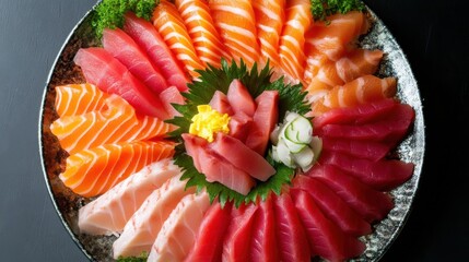 Molecular cuisine sashimi platter radial pattern thinly sliced salmon tuna top view precision knife work luxury Japanese presentation, menu, banner, black background