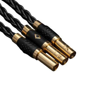 Close-up of three audio cables.  Black twisted wire bundles with gold-colored connectors.  Diamond-shaped accents on connectors