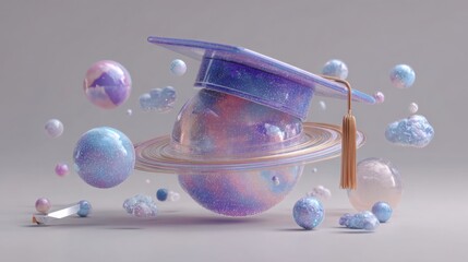 Colorful graduation cap floats in abstract space with planets and stars representing e-learning