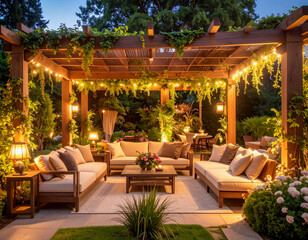 Cozy outdoor seating area beautifully illuminated with warm lights and surrounded by lush greenery during a serene evening