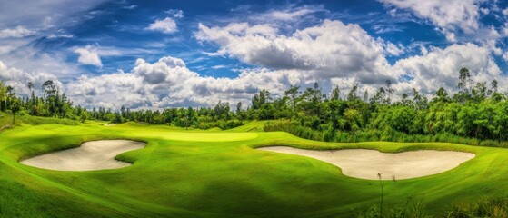 The golf course fairway with sand bunkers under dramatic clouds and vibrant green landscape
