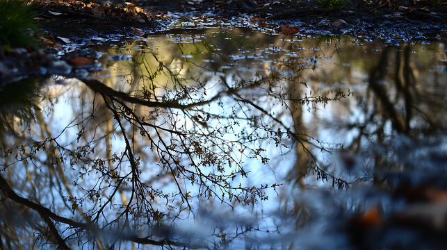 Reflections of bare branches in a tranquil puddle on a sunny day amidst autumn foliage