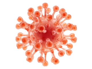 Red virus particle with spike proteins on black background coronavirus microscopic, Isolated, Png Transparent Background
