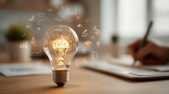 Innovative learning concepts illustrated with a glowing light bulb and digital graphics